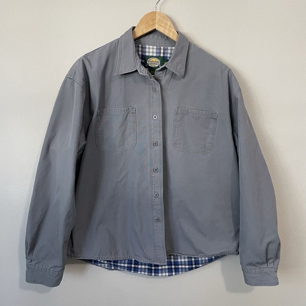 Cabela’s Shirt Women’s L Grey Blue Soft Flannel Button-up With Collar Pockets